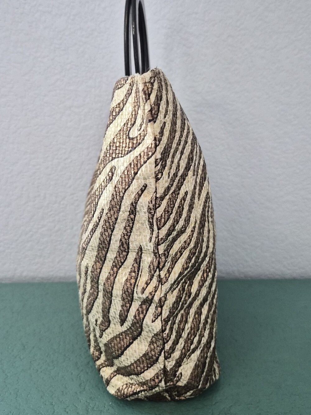 Zebra Print Paper Straw Tote Bag Wooden Handles Safari Boho Casual - Picture 5 of 11